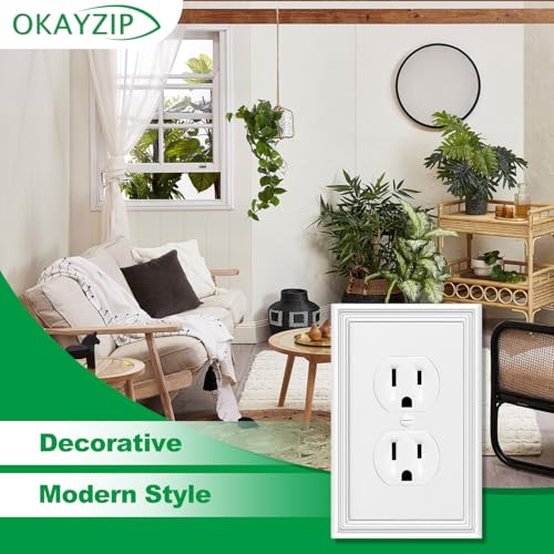 OKAYZIP White Decorative Outlet Covers Wall Plates - 4 Pack | Natural Material Electric Receptacle Cover Switch Plate Outlet Cover - Modern Style (1 Gang Single Duplex) - size: 1 Duplex 4 Pack