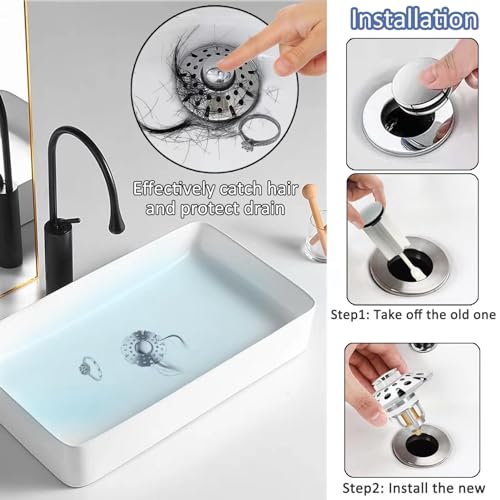 AzWzz Bathroom Sink Stopper,Sink Hair Catcher,Bathroom Sink Drain Strainer Pop Up Drain Cover Plug,Universal for 1.1 to 1.65in Sink Drain Hole - color: Chrome Silver