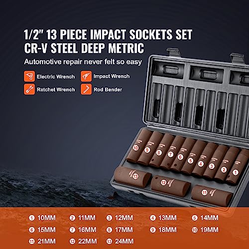 VEVOR 1/2" Drive Impact Socket Set, 13 Piece Deep Socket Set Metric 10-24mm, 6 Point CR-V Alloy Steel for Auto Repair, Easy-to-Read Size Markings, Rugged Construction, Includes Storage Case - size: 1/2" 13PCS Deep