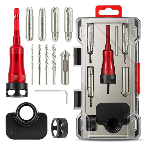 BURMONG 5-Piece Countersink Drill Bit Set with Bearing Depth Stop & Chamfer Tool, 1/4" Hex Shank Quick Change Bi-Directional Cutting Edges for Woodworking (with Adjustable Bearing Depth Stop) - style: With Adjustable Bearing Depth Stop