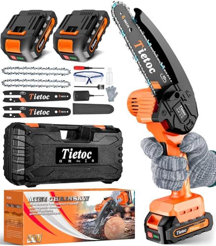 Tietoc Mini Chainsaw 6 Inch Cordless, Portable Electric Chain Saw Small Handheld Battery Powered Super Saws - color: Orange - 2 Batteries