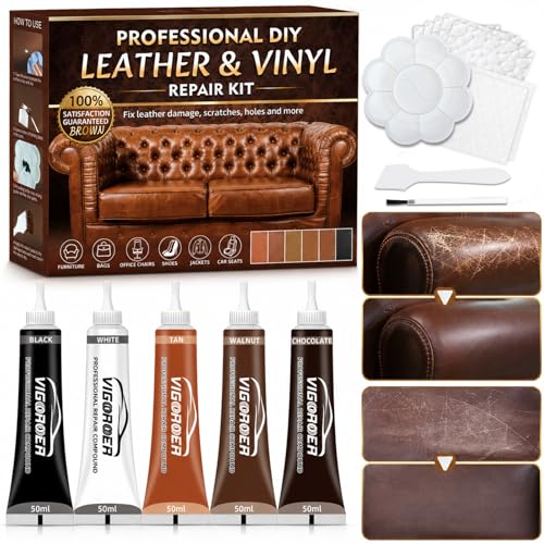 Vigorder Brown Leather Repair Kit for Furniture, Leather Couch Repair Kit for Sofa, Car Seats, Jacket and Purse, Fix Scratches, Tears, Holes, Cracks and Peeling with Easy Instructions