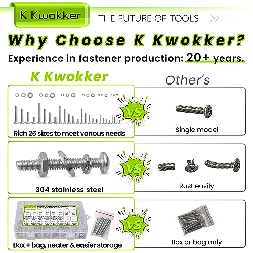 1059Pcs Nuts and Bolts Assortment Kit Phillips Pan Head #2-56#4-40#6-32#8-32#10-24#12-24 Machine Screws, K Kwokker 26 Sizes 304 Stainless Steel Screws Nut and Bolt Assortment with Screw Organizer - size: A. #2-56 - #12-24