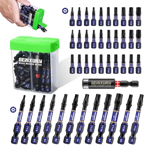 Geinxurn Impact Security Torx Screwdriver Bits Set,43 Pcs(TT7-TT40) Magnetic 1"& 2" Long S2 Steel Hollow Torx Driver Bits with Magnetic Bit Holder Storage Colorful Box - color: Tt7-tt40, size: 1"2"-43PCS
