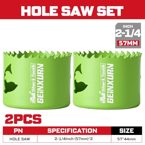 Geinxurn 2-1/4 Inch(57mm) Hole Saw, 2PCS HSS Bi-Metal Hole Saw Kit with Shark Tooth Hole Cutter for Wood,Drywall, PVC Boards and Thin Metal - color: 2 PCS 2-1/4"