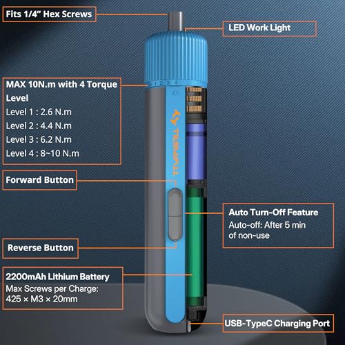 Tilswall 4V W122 Electric Screwdriver Cordless, 10N.m High Torque /260 RPM