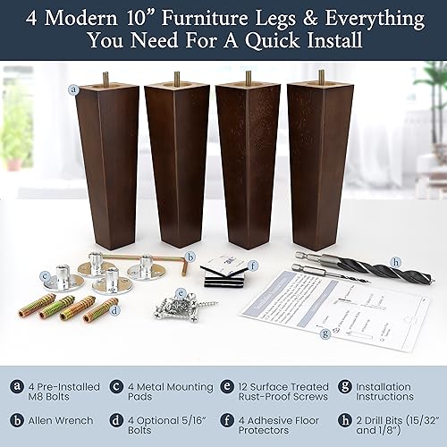 Airy Abode Premium Walnut Square Furniture Legs (Full Install Kit) - Pick Your Size and Color - color: Brown, size: 10 Inches
