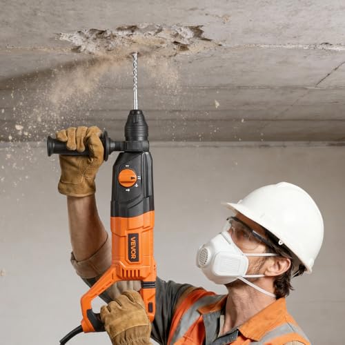 VEVOR Rotary Hammer Drill, 1-1/8 in SDS-Plus Electric Corded Heavy Duty Rotary Hammer, 4 Functions, Including 3 Drill Bits, Flat Chisel, Pointed Chisel, and Carrying Case, for Concrete and Masonry - size: 1-1/8 in