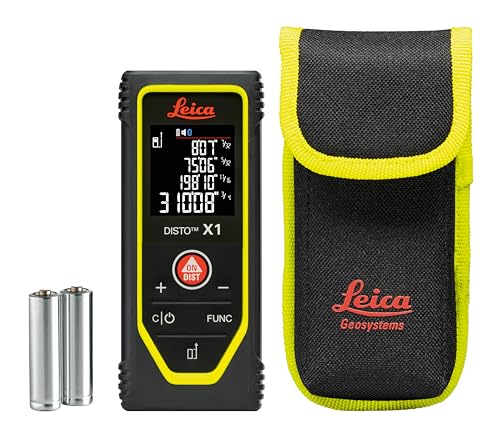 Leica Disto X1 - Range 330 ft, Bluetooth 4.2 and NFC Data Transfer, add and Subtract, Volume, 4-line Display, IP 65 dust and waterjet Protection and 6 ft Drop Tested, Hand Loop, Pouch.