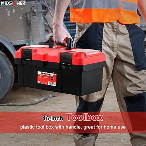 MAXPOWER Tool Box 16 inch, Plastic Small Tool Box with Latch Removable Tray - size: 16", style: 16" red