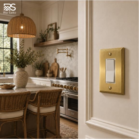 Rio Salto BRASS Gold Light Switch Cover Rocker Switch Plate Outlet Covers Brushed Gold 5 Pack Premium Wall Plate Cover — Deco Collection, Standard 4.50" x 2.75" - color: Rocker / Outlet 1-Gang (5-Pack)