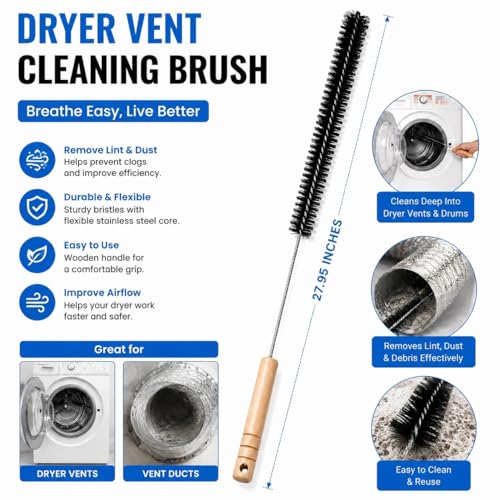 Dryer Lint Brush Vent Cleaner Lint Trap Cleaning Tool Dryer Vent Brush Long Flexible with Wood Handle 27.95Inches Medium Size for Dryer Vent Cleaning DIY Enthusiasts Homeowners (1, PCS) - size: 27.95