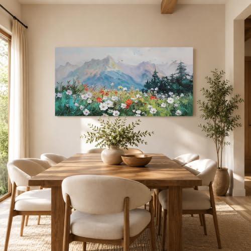 Ateliart Large Textured Wildflower Mountain Canvas Wall Art, 48 x 24 Inches | Textured wildflowers and misty mountains add fresh color and peaceful depth to living rooms, bedrooms, and dining spaces. - color: White wildflower, size: 48"L x 24"W