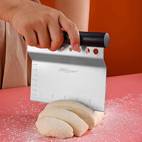 ALLTOP Bench Scraper & Chopper with Herb Stripper,Stainless Steel Multipurpose Kitchen Baking Tool for Bread Dough Pastry Cake -Leaf Remover with Plastic Handle &Upgraded Protective Cover - color: Black Plastic Handle