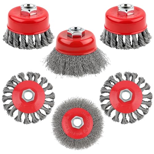 6Pack 4 1/2" Angle Grinder Wire Wheel Set -4 Inch & 3 Inch Knotted Coarse & Crimped Wheels, Cup Brushes with 5/8-11 UNC Threaded Arbor for Rust, Paint, Corrosion Removal
