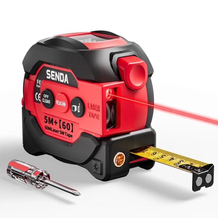 SENDA 3-in-1 Laser Tape Measure - 197Ft Digital Measuring Tape with Led Display&16Ft Measuring Tool with Magnetic Hook & Auto Lock - Pythagorean, Area, Volume, Ft/Ft+in/in/M Unit, AAA Battery*2, Red - color: Red(battery Model), size: 197 FT