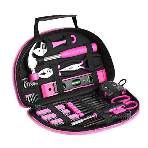 89 Piece Pink Tool kit, Ladies Hand Tool Set with Easy Carrying Round Pouch Household Tool Kit Perfect for DIY, Home Maintenance and Dorm Repair