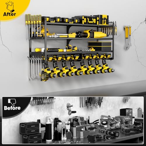 POKIPO Large Power Tool Organizer Wall Mount,4 Layers Heavy Duty Metal Loads 400lbs,Power Tool Shelf Battery Storage with 8 Cordless Drill Holder,Utility Racks for Garage Workshop - color: Black