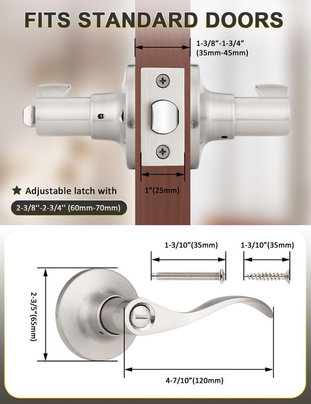 Mengico 10 Pack Satin Nickel Privacy Door Lever, Modern Interior Door Knobs Locks for Bedroom and Bathroom, Heavy Duty Door Handle, Reversible Wave Lever Handle - size: Privacy Function - Keyless