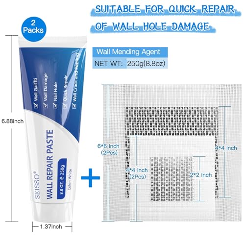 Wall Repair Paste Kit, 2x250g Wall Mending Agent with Wall Repair Patch*4 and Scraper, Spackle Drywall Repair Kit for Hole Filler, Effective Repair of Scratches, Holes, Cracks and Wall Graffiti - style: 2pcs paste with 4 patches