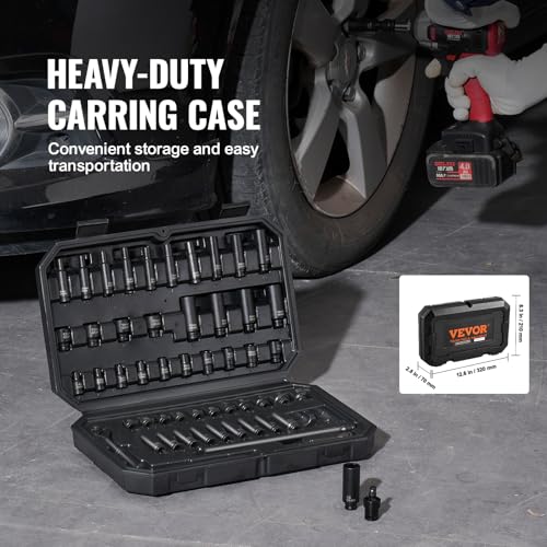 VEVOR Impact Socket Set 1/4" Drive, 55-Piece Deep & Shallow Socket Set Standard SAE (5/32 to 9/16 inch) & Metric (4 to 15 mm) Size, 6 Point, CR-V, Extension Bar, Universal Joint, Reducer - size: 1/4" 55PCS