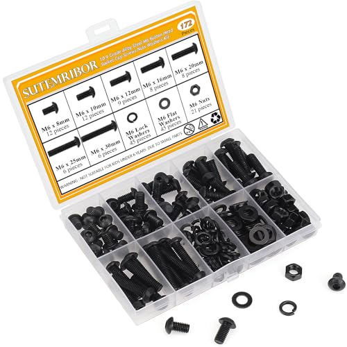 172 Pieces M6 Screws Nuts Washers Set Black, Sutemribor M6 x 8/10/12/16/20/25/30mm Button Head Socket Cap Screws Nuts Washers Assortment Kit, 10.9 Grade Alloy Steel, Fully Threaded - size: M6 Screws Kit, style: Button Head