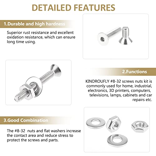 212 Pieces #8-32 x 1/4", 5/16", 3/8", 1/2", 5/8", 3/4", 1", 1-1/4", Countersunk Head Socket Cap Screws Nuts Washers Assortment Kit, 304 Stainless Steel, Fully Machine Thread - size: #8-32, style: Countersunk Head