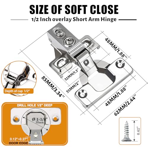 BESTEEL 24 Pack 1/2 inch Overlay Soft Close Cabinet Door Hinges for Kitchen Cabinet Hinges, 100 Degree Opening Angel, Stainless Concealed Kitchen Cabinets Hinge Self Closing with Drilling Tool &Manual - size: 24 PCS