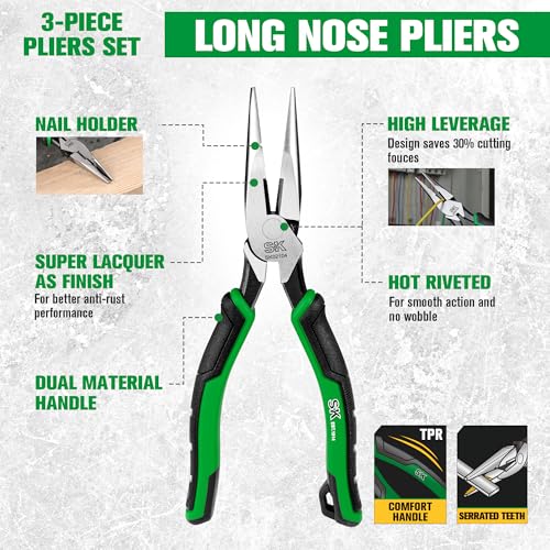 SK Pliers Set, 9.5'' Linesman, 8'' Diagonal & Needle Nose Pliers, 3-Piece - style: 3-Piece Pliers Set