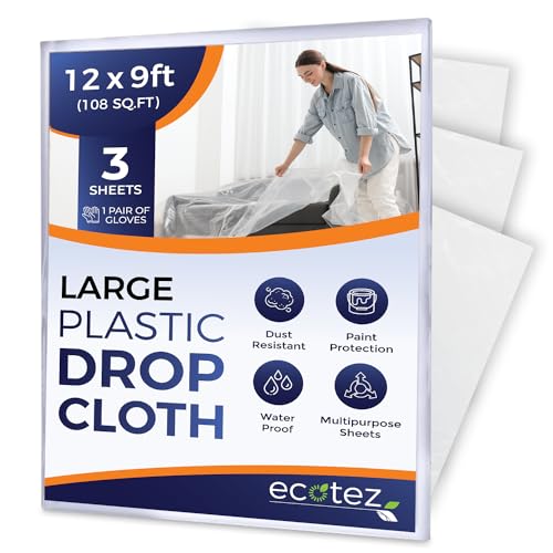 3 Pack 12 x 9 ft Extra Large Plastic Drop Cloth for Painting - size: 3 Pack-Standard