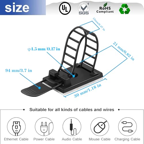 Adjustable adhesive cable management clips 50Pcs, large self adhesive cable ties clips ，Suitable for cable management under desks and on walls(Black) - color: Black