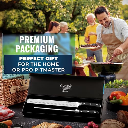 Cutluxe BBQ Carving Set, 12" Brisket Knife & 10" Honing Rod for Meat - size: 2 Pcs Brisket Knife Set