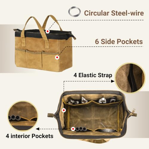Tool Tote, 13-inch Heavy Duty Waxed Canvas Wide Mouth Tool Bag, Open Top tool Pouch with Handle for Tools, Wrenches, Screwdrivers (13 X 7 X 9 inch) | Khaki - color: Khaki, size: 13 Inch