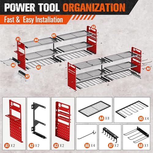 2 Pack Power Tool Organizer Wall Mount, 3-Layer,18 Drill Holders - color: Red, size: 18 Drills Holder-3 Layers