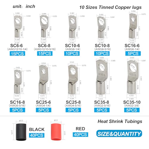 160PCS Thick Copper lugs Ring Terminal Wire Connector & Heat Shrink - color: Tinned Copper