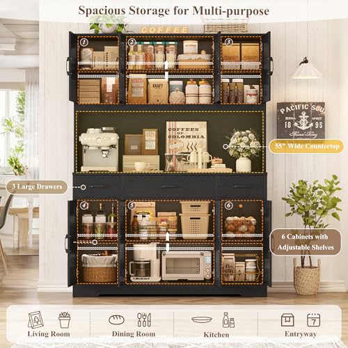 HOSTACK 71" H Kitchen Pantry Cabinet, 55" Kitchen Hutch, Black Wood Grain | Large Pantry Cabinet with Charging Station / Countertop / 3 Drawers, Farmhouse Hutch Cabinet with Storage for Dining Room - color: Black Wood Grain