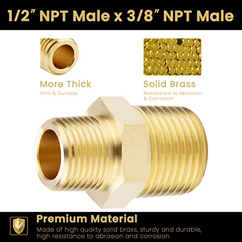 KOOTANS 1/2 NPT x 3/8 NPT Male Solid Brass Hex Nipples,4 PACK - size: 1/2 NPT x 3/8 NPT (O.D x O.D: 3/4'' x 5/8'')