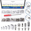 Glarks 121Pcs Stainless Steel Wire Rope Clip Clamp and Aluminum Crimping Loop Sleeve Assortment Kit, Single/Double Hole Wire Rope Lock Clip with End Screw Stopper, Cable Sleeve, Phillips Screwdriver