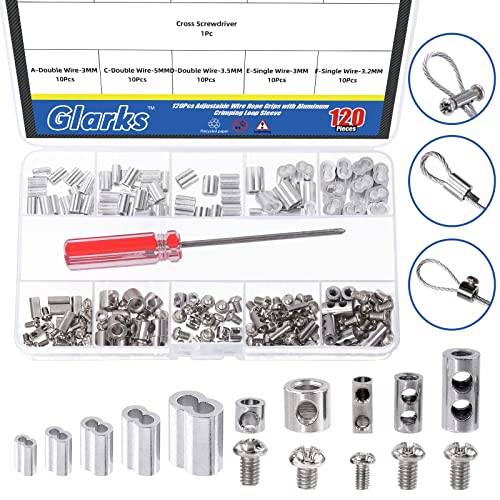 Glarks 121Pcs Stainless Steel Wire Rope Clip Clamp and Aluminum Crimping Loop Sleeve Assortment Kit, Single/Double Hole Wire Rope Lock Clip with End Screw Stopper, Cable Sleeve, Phillips Screwdriver