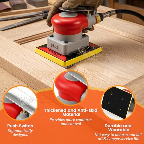 3-in-1Pneumatic Random Orbital Palm Sander, 4 x 4.3 in Air Square Sander, 10000 RPM, with 3 x 4 in Square panels and Triangle Detail Panel for Right-Angle Edges, Woodworking, Metal