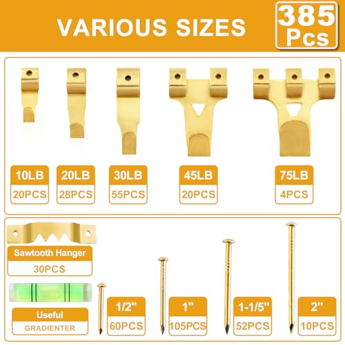 KURUI Picture Hangers, 385Pcs Picture Hanging Kit with Heavy Duty Picture Hanging Hooks, Sawtooth, Hardware Nails and Picture Hanging Tool, Wall Hangers for Frame, Painting, Art, Photo (Gold) - color: Gold