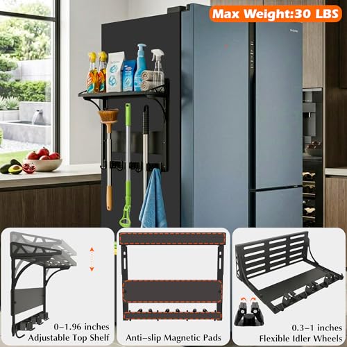 MUTUACTOR Heavy Duty Magnetic Broom Holder,Anti-slip Magnetic Tool Rack with Top Utility Shelf, Easy Assembly Broom Mop Organizer for Refrigerator Metal Cabinet Laundry Room Kitchen,3-Clamps 4-Hooks - style: Heavy Duty Broom Holder with Shelf,1PCS