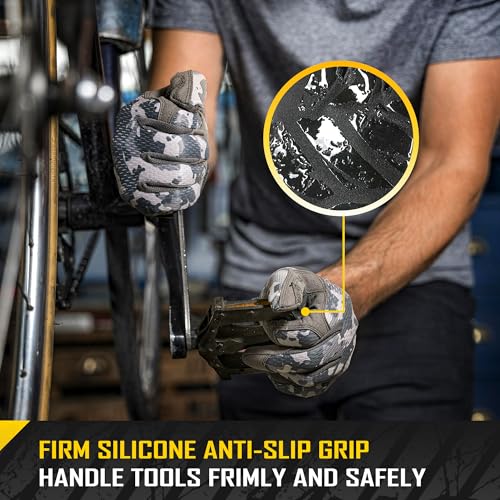 COOLJOB Mechanic Safety Work Gloves, Enhanced Anti-Slip Grip Tactical Gloves, Touchscreen, Breathable, Ultra-Soft, S-XL - color: Gray Camo, size: Small
