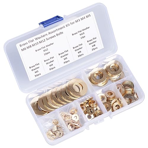 Brass Flat Washer Gasket Kit – 210 Pieces Washers Assortment for M3, M4, M5, M6, M8, M10 and M12 Screws and Bolts