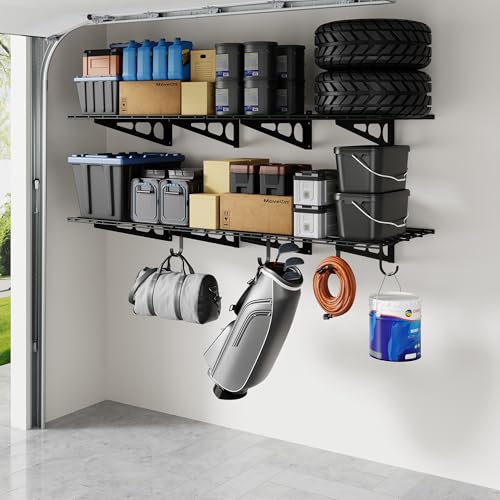 FLEXIMOUNTS 2-Pack Garage Shelving with Hooks, 2x6ft Storage Shelves, Black - color: Black, size: 2 pack-2x6 ft w/hooks