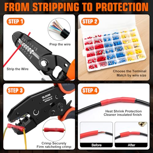 1242PCS Wire Terminal Crimping Tool Kit, 840PCS Insulated Connectors, 400PCS Heat Shrink Tubing, Ratcheting Crimper, Wire Stripper Cutter, 22-10 AWG - color: 1242pcs