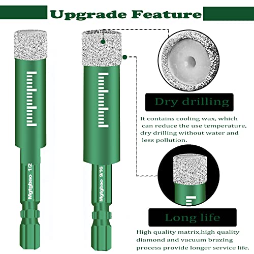 10PCS Green Dry Diamond Drill Bits Set, Tile Drill bit for Granite Marble Tile Ceramic Stone Glass Diamond Hole Saw Kit with Size 3/16,1/4, 5/16, 3/8, 1/2