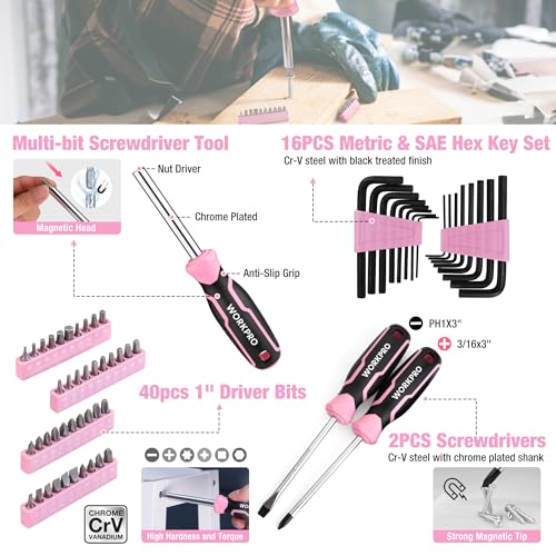 WORKPRO 284PCS Pink Tool Set, Portable Home Basic Tool Kit Box for Women
