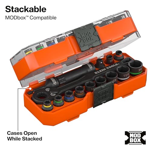 Klein Tools 65400 KNECT 15-Piece Pass Through Socket Set, SAE Impact Set with MODbox Case, Sockets, Bits, Accessories and 3/8-Inch Drive Adapter - style: 15-Piece