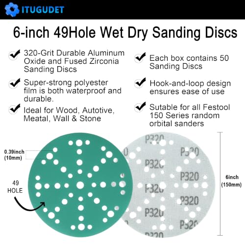 6 Inch 49 Hole Wet Dry P320 Grit Sanding Discs - 50 Pack Box - color: 320 Grit, size: 6 Inch 49 Hole